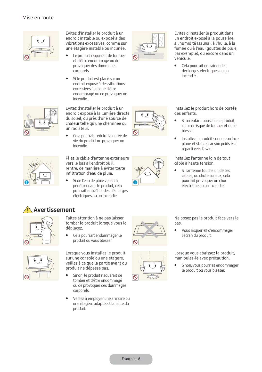 Samsung LV32F390FEXXEN manual Et dêtre endommagé ou de, Provoquer des dommages, Corporels, Si le produit est placé sur un 