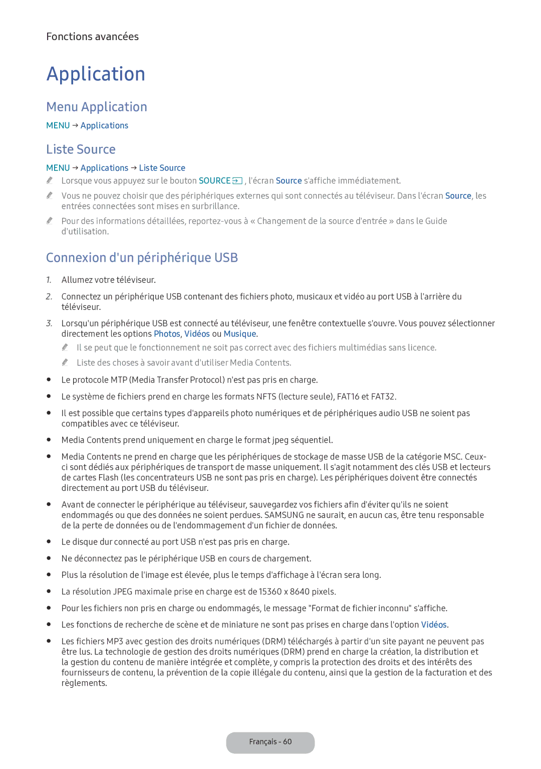 Samsung LV32F390FEXXEN manual Menu Application, Liste Source, Connexion dun périphérique USB 