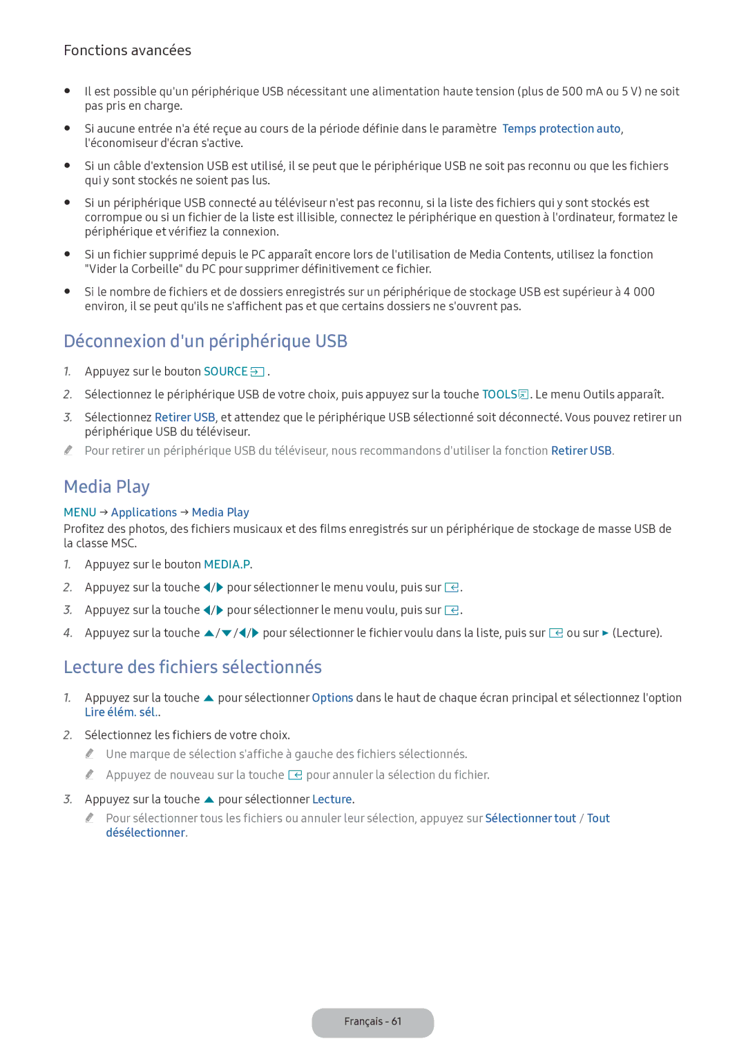 Samsung LV32F390FEXXEN manual Déconnexion dun périphérique USB, Media Play, Lecture des fichiers sélectionnés 