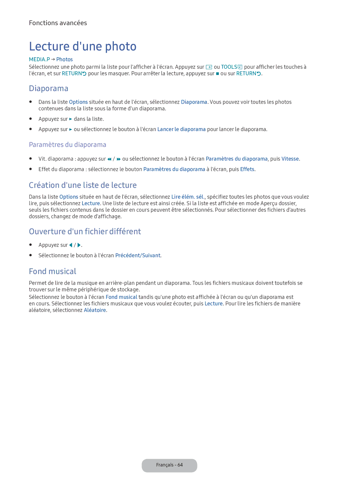 Samsung LV32F390FEXXEN Lecture dune photo, Diaporama, Création dune liste de lecture, Ouverture dun fichier différent 