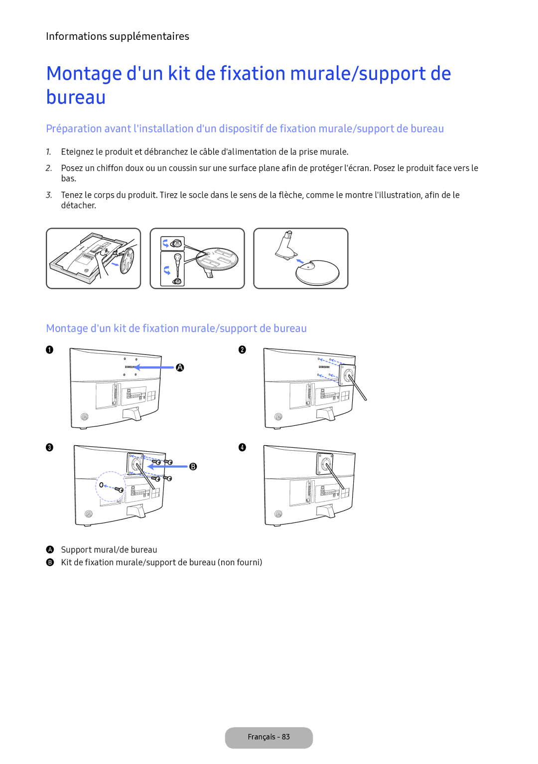 Samsung LV32F390FEXXEN manual Montage dun kit de fixation murale/support de bureau 