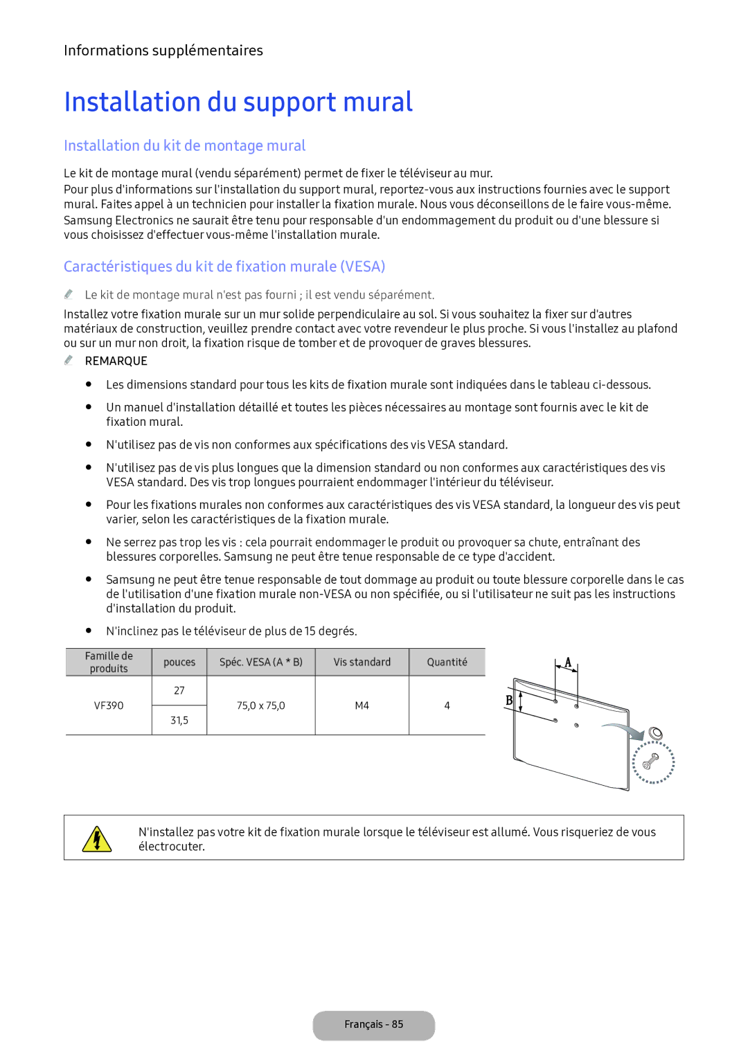 Samsung LV32F390FEXXEN manual Installation du support mural, Installation du kit de montage mural 