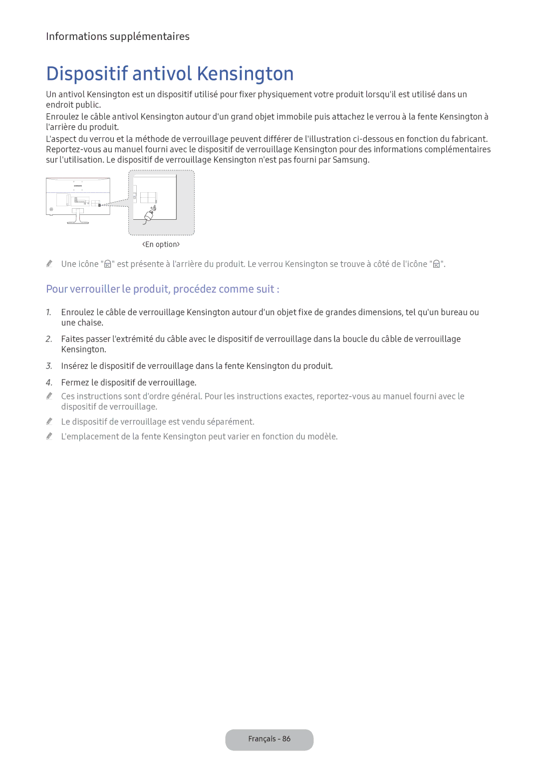 Samsung LV32F390FEXXEN manual Dispositif antivol Kensington, Pour verrouiller le produit, procédez comme suit 