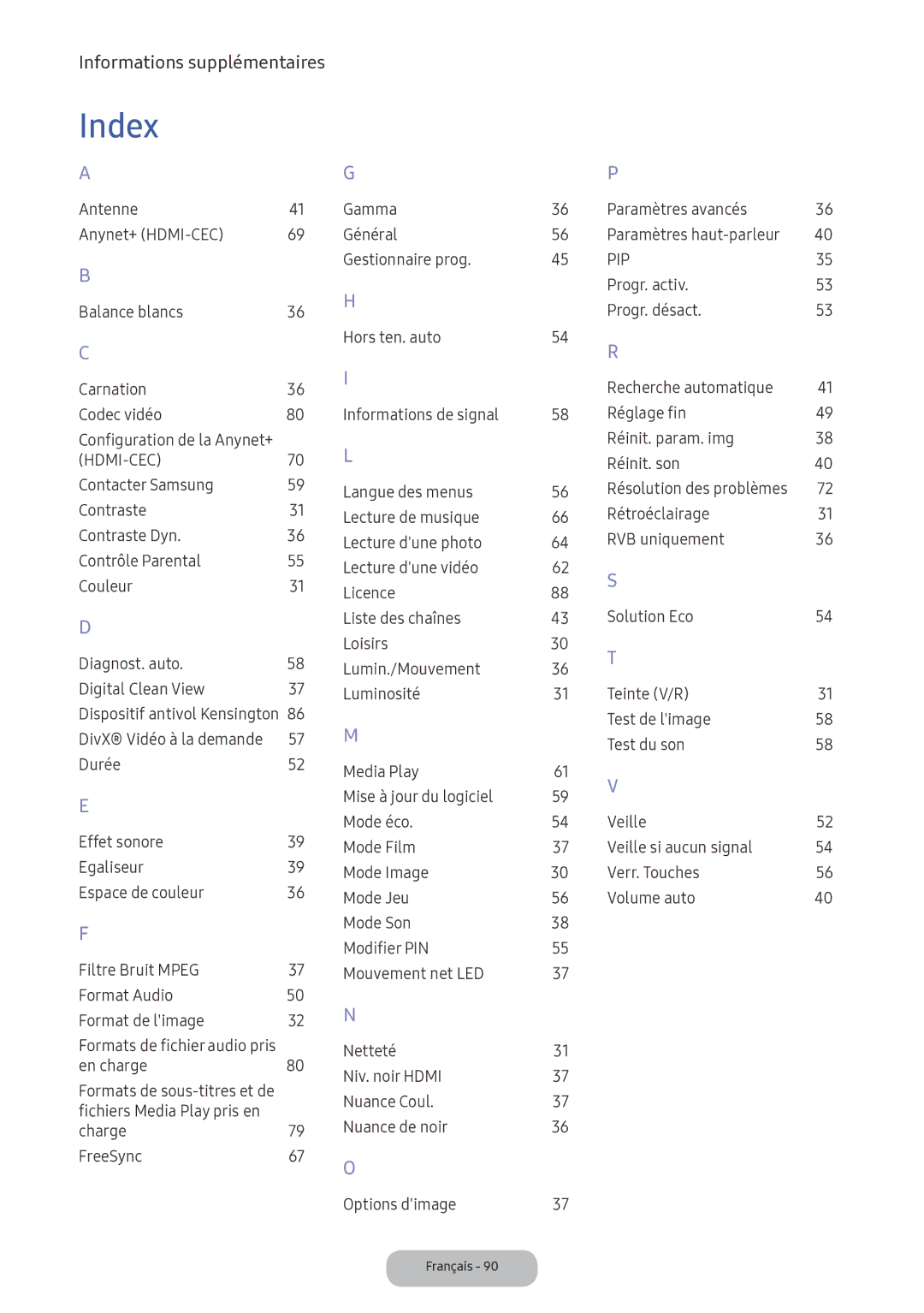 Samsung LV32F390FEXXEN manual Index 