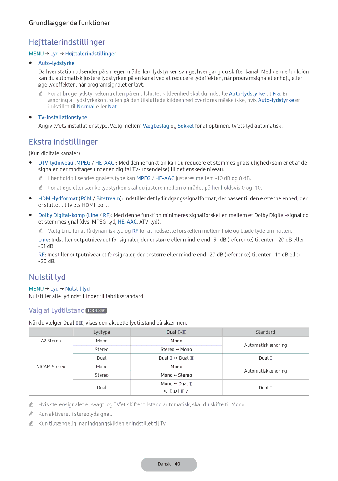 Samsung LV32F390FEXXXE manual Højttalerindstillinger, Ekstra indstillinger, Nulstil lyd, Valg af Lydtilstandt 