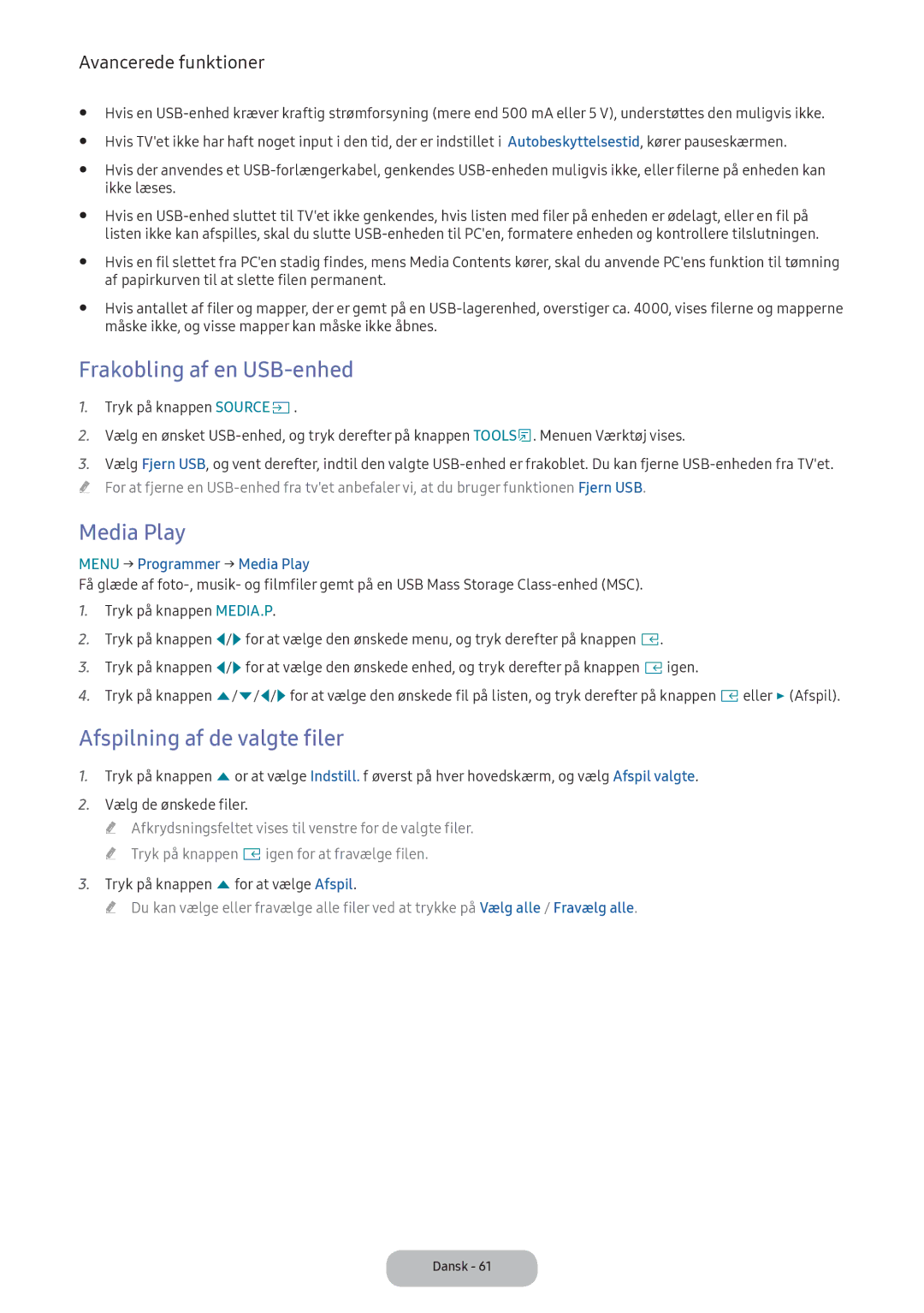 Samsung LV32F390FEXXXE manual Frakobling af en USB-enhed, Media Play, Afspilning af de valgte filer 