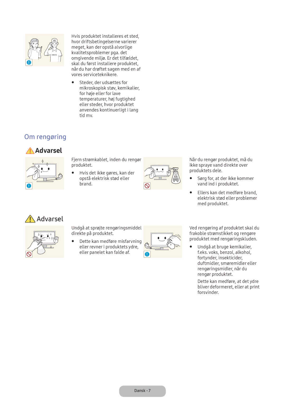 Samsung LV32F390FEXXXE manual Om rengøring, Elektrisk stød eller problemer, Med produktet 