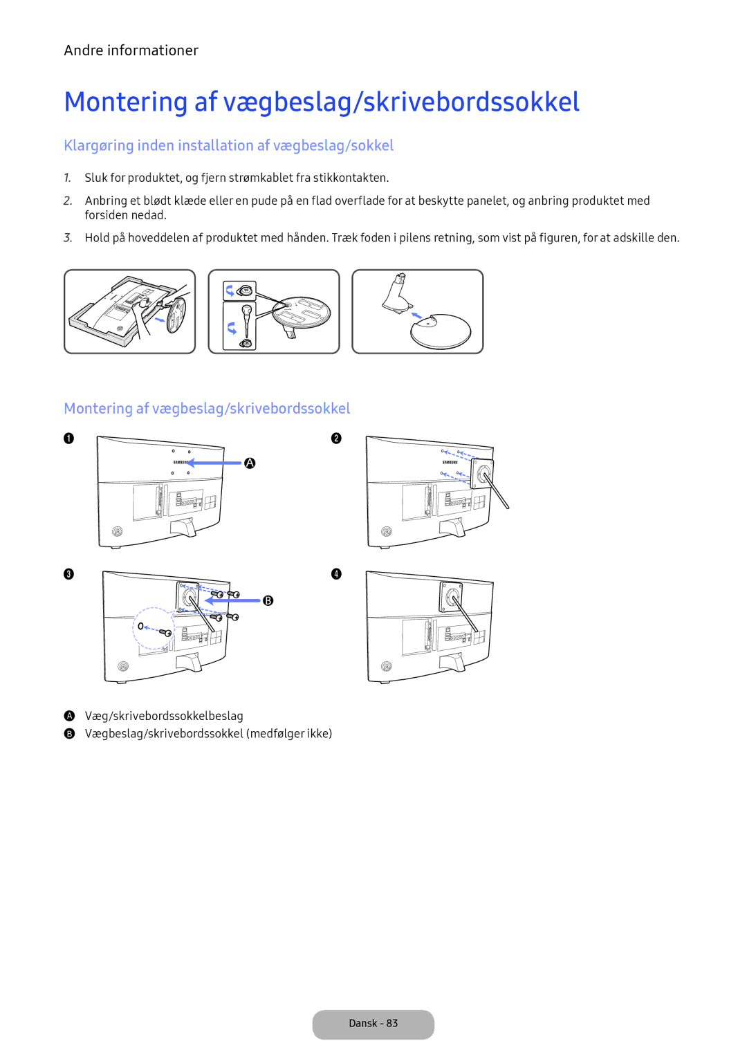 Samsung LV32F390FEXXXE manual Montering af vægbeslag/skrivebordssokkel, Klargøring inden installation af vægbeslag/sokkel 