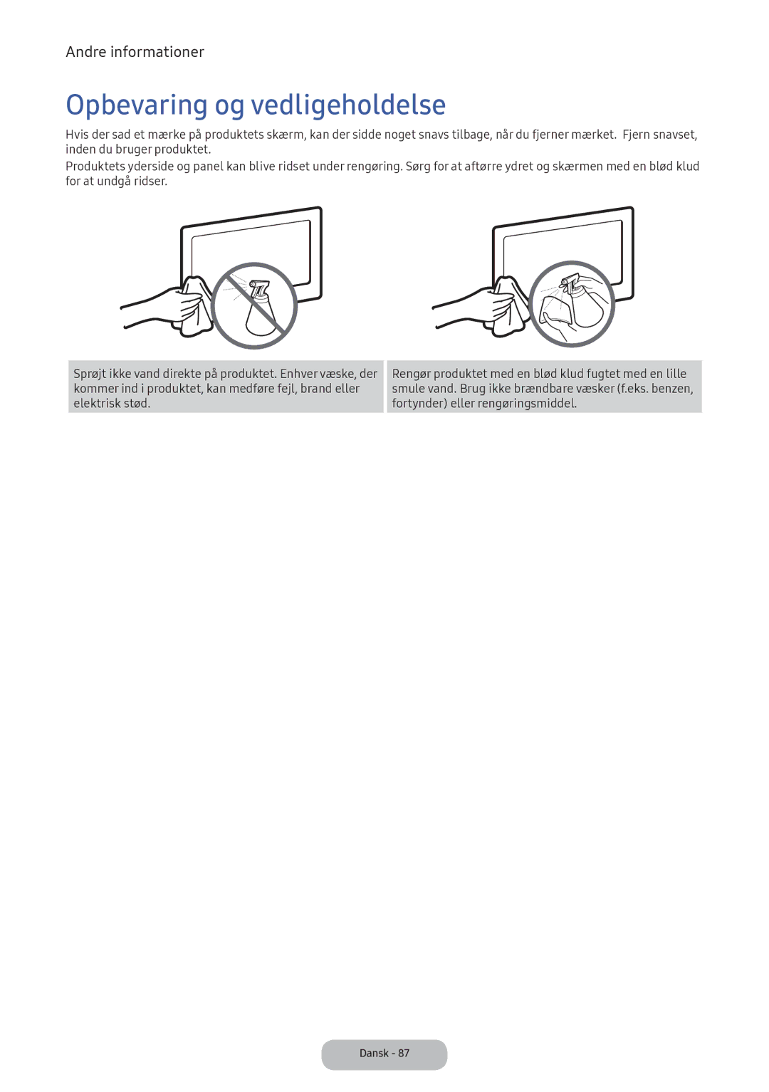 Samsung LV32F390FEXXXE manual Opbevaring og vedligeholdelse 