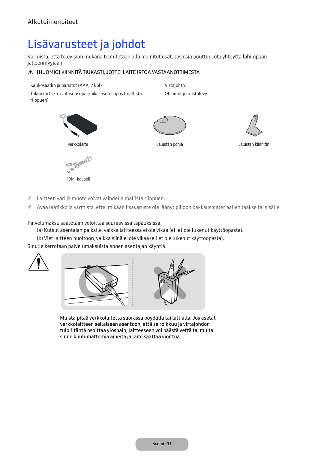 Samsung LV32F390FEXXXE manual Lisävarusteet ja johdot 