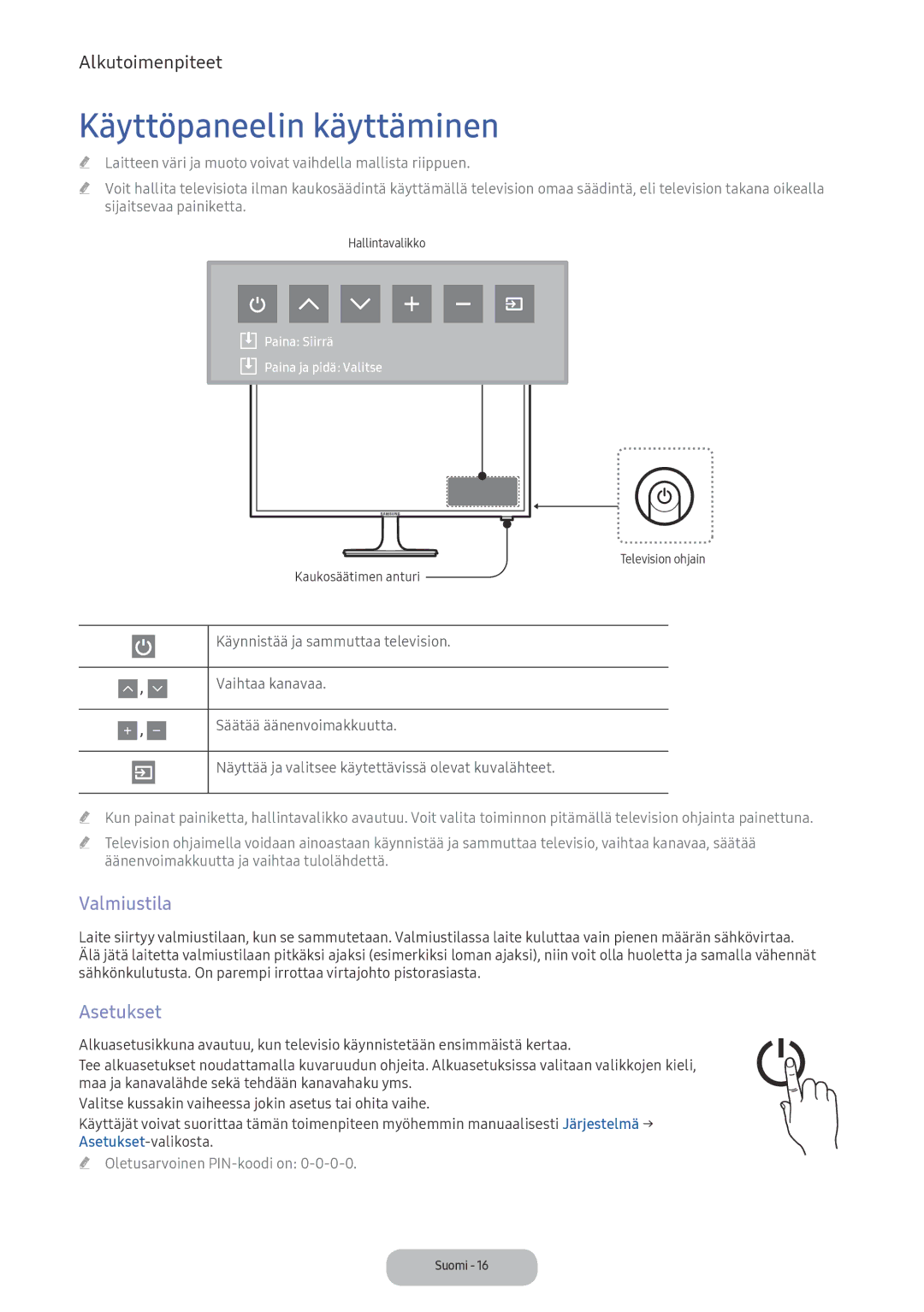 Samsung LV32F390FEXXXE manual Käyttöpaneelin käyttäminen, Valmiustila, Asetukset 