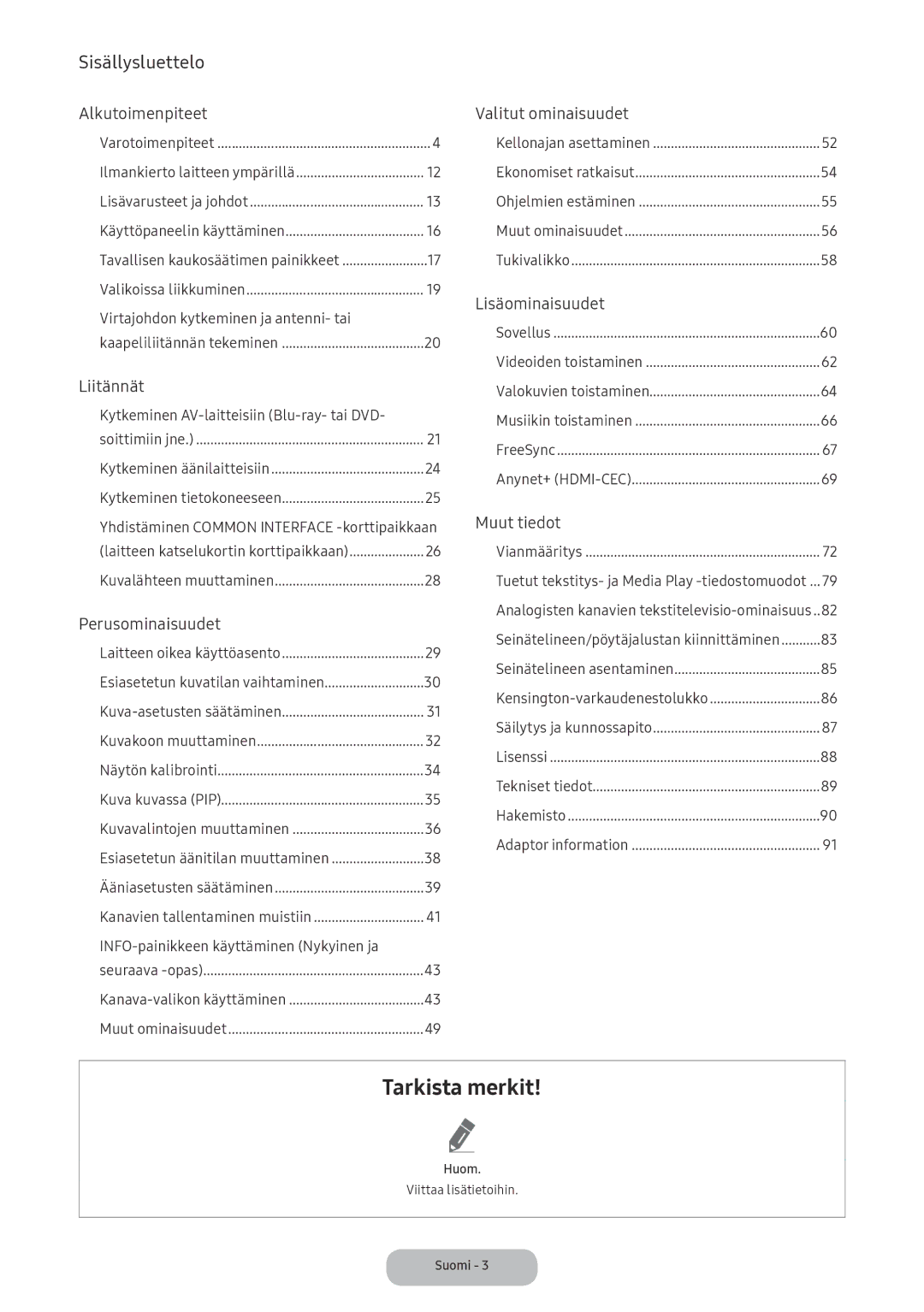 Samsung LV32F390FEXXXE manual Virtajohdon kytkeminen ja antenni- tai, Kytkeminen AV-laitteisiin Blu-ray- tai DVD 