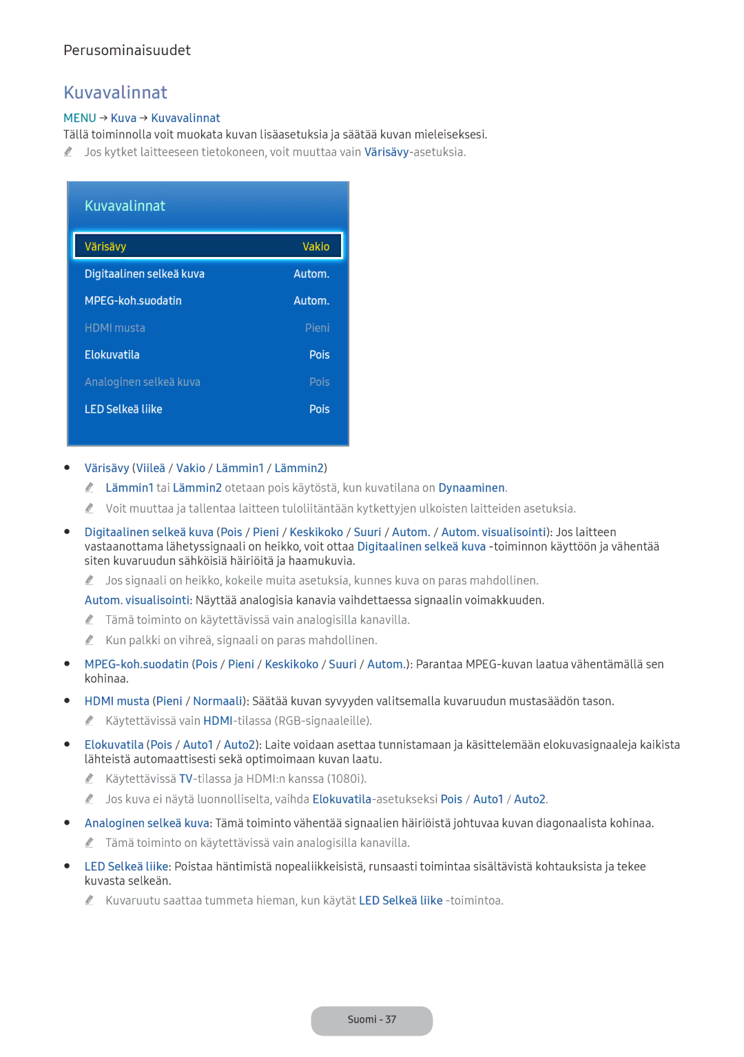 Samsung LV32F390FEXXXE manual Menu → Kuva → Kuvavalinnat, Värisävy Viileä / Vakio / Lämmin1 / Lämmin2 