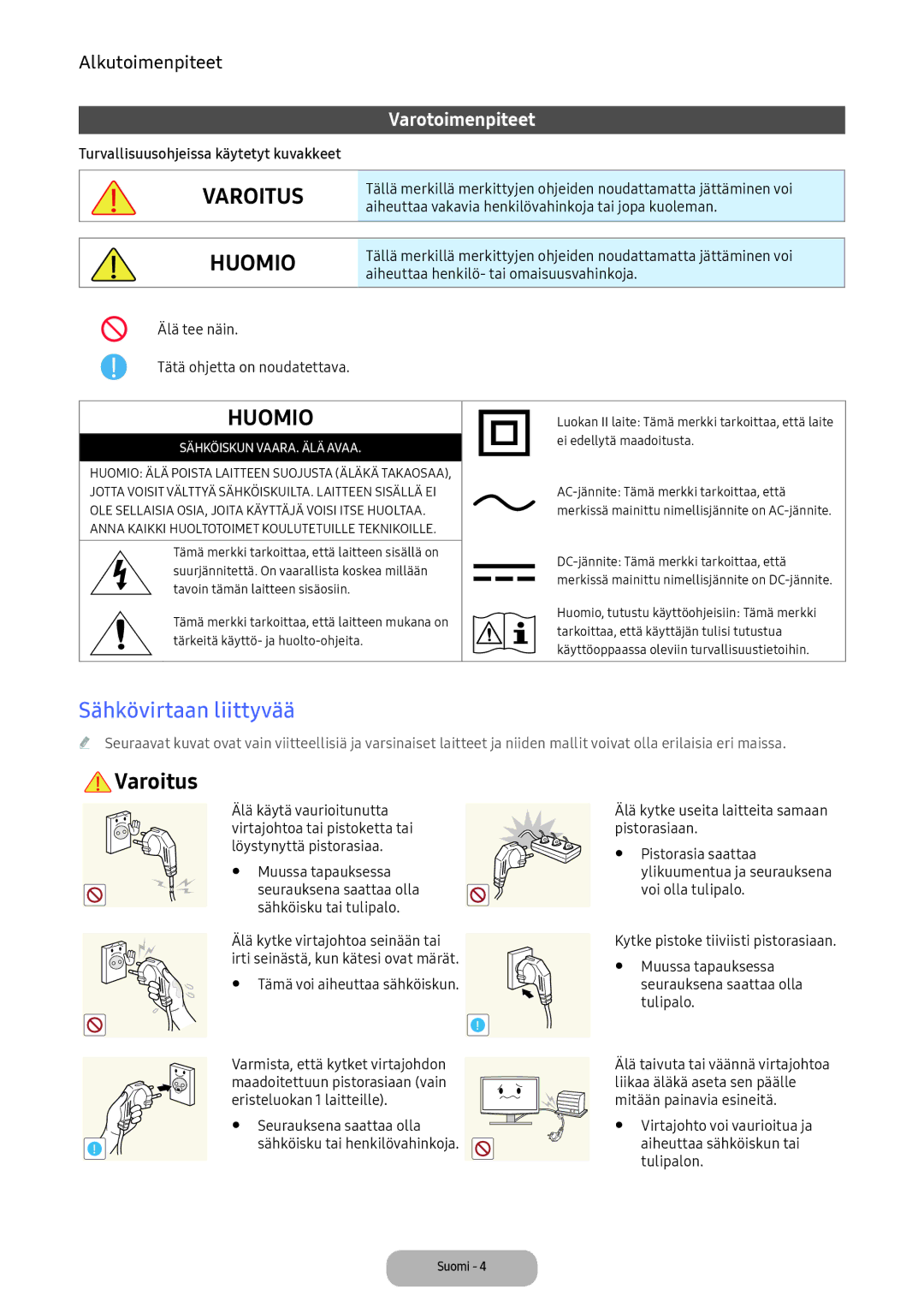 Samsung LV32F390FEXXXE manual Varoitus, Sähkövirtaan liittyvää 