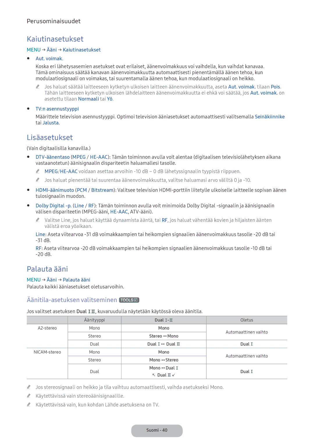 Samsung LV32F390FEXXXE manual Kaiutinasetukset, Palauta ääni, Äänitila-asetuksen valitseminen t, TVn asennustyyppi 