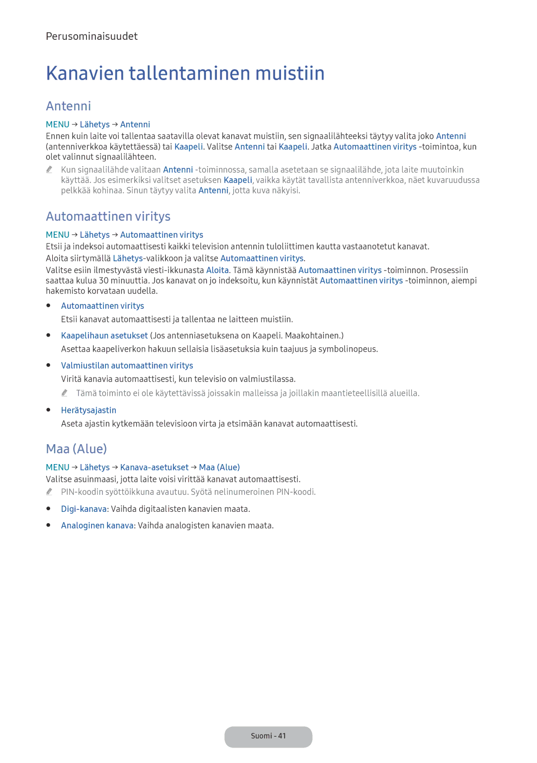 Samsung LV32F390FEXXXE manual Kanavien tallentaminen muistiin, Antenni, Automaattinen viritys, Maa Alue 