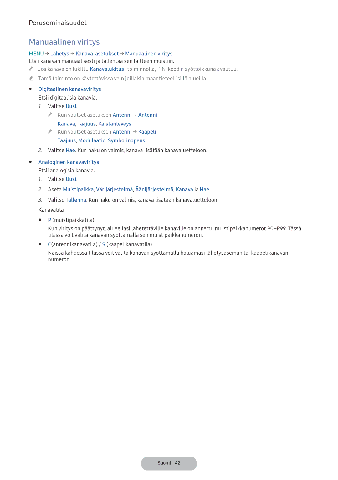 Samsung LV32F390FEXXXE manual Manuaalinen viritys, Digitaalinen kanavaviritys, Analoginen kanavaviritys 