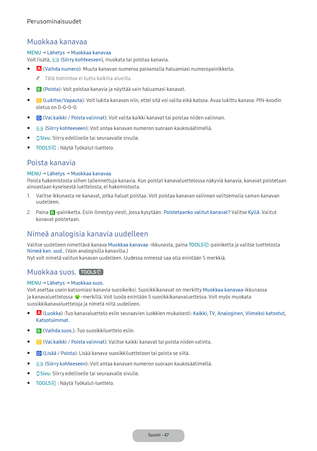 Samsung LV32F390FEXXXE manual Muokkaa kanavaa, Poista kanavia, Nimeä analogisia kanavia uudelleen, Muokkaa suos. t 