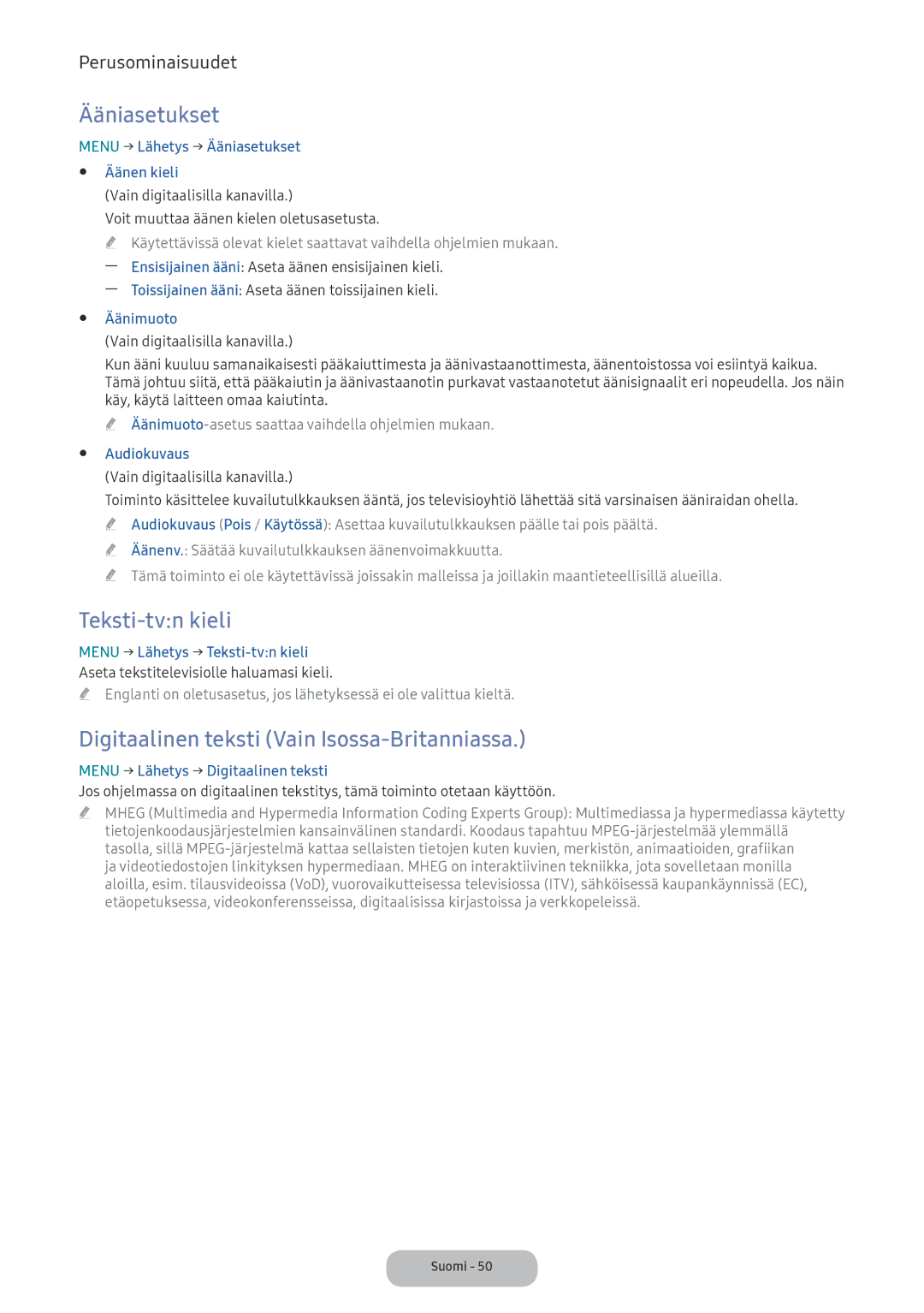 Samsung LV32F390FEXXXE manual Ääniasetukset, Teksti-tvn kieli, Digitaalinen teksti Vain Isossa-Britanniassa 