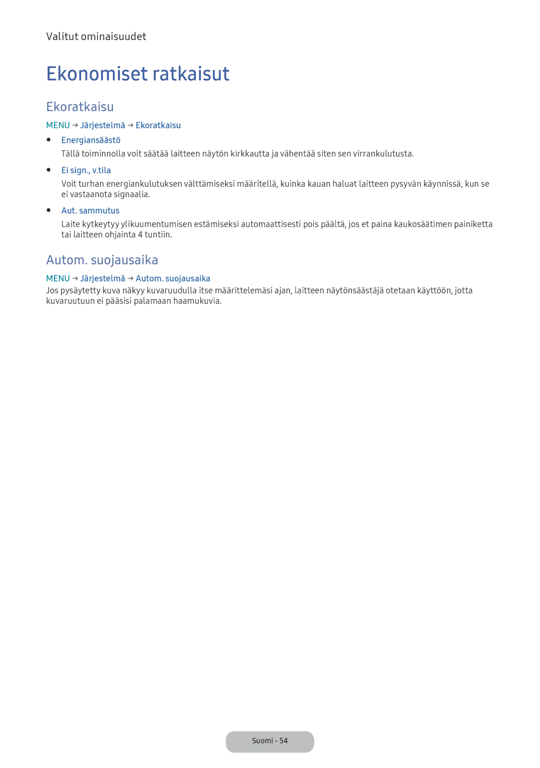 Samsung LV32F390FEXXXE manual Ekonomiset ratkaisut, Ekoratkaisu, Autom. suojausaika 