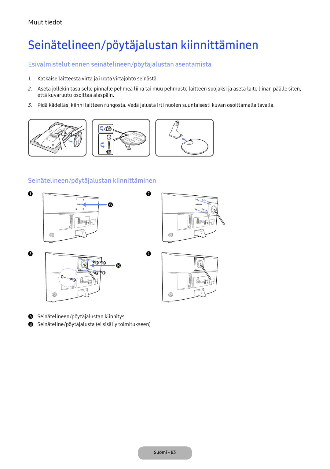 Samsung LV32F390FEXXXE manual Seinätelineen/pöytäjalustan kiinnittäminen 