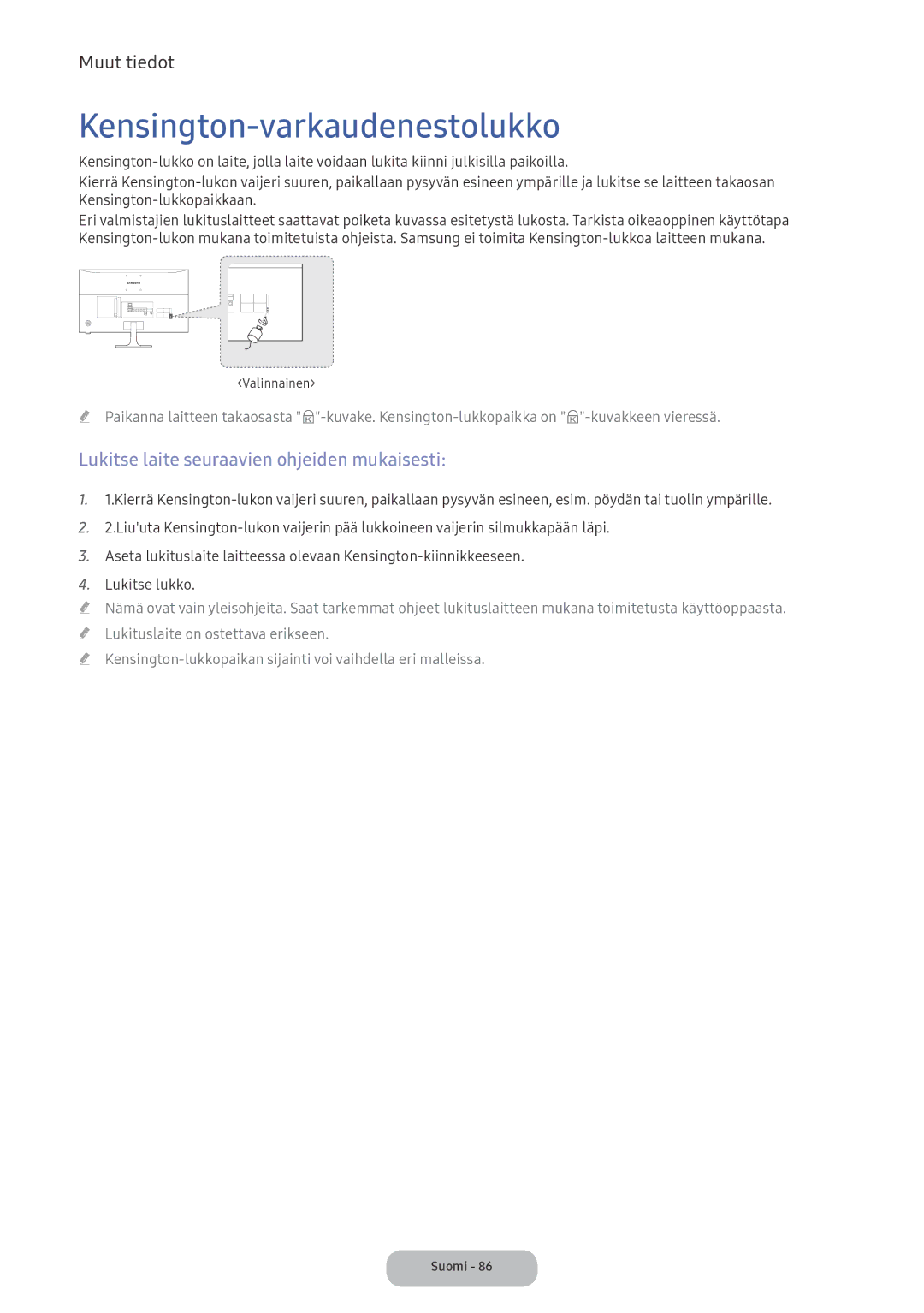 Samsung LV32F390FEXXXE manual Kensington-varkaudenestolukko, Lukitse laite seuraavien ohjeiden mukaisesti 