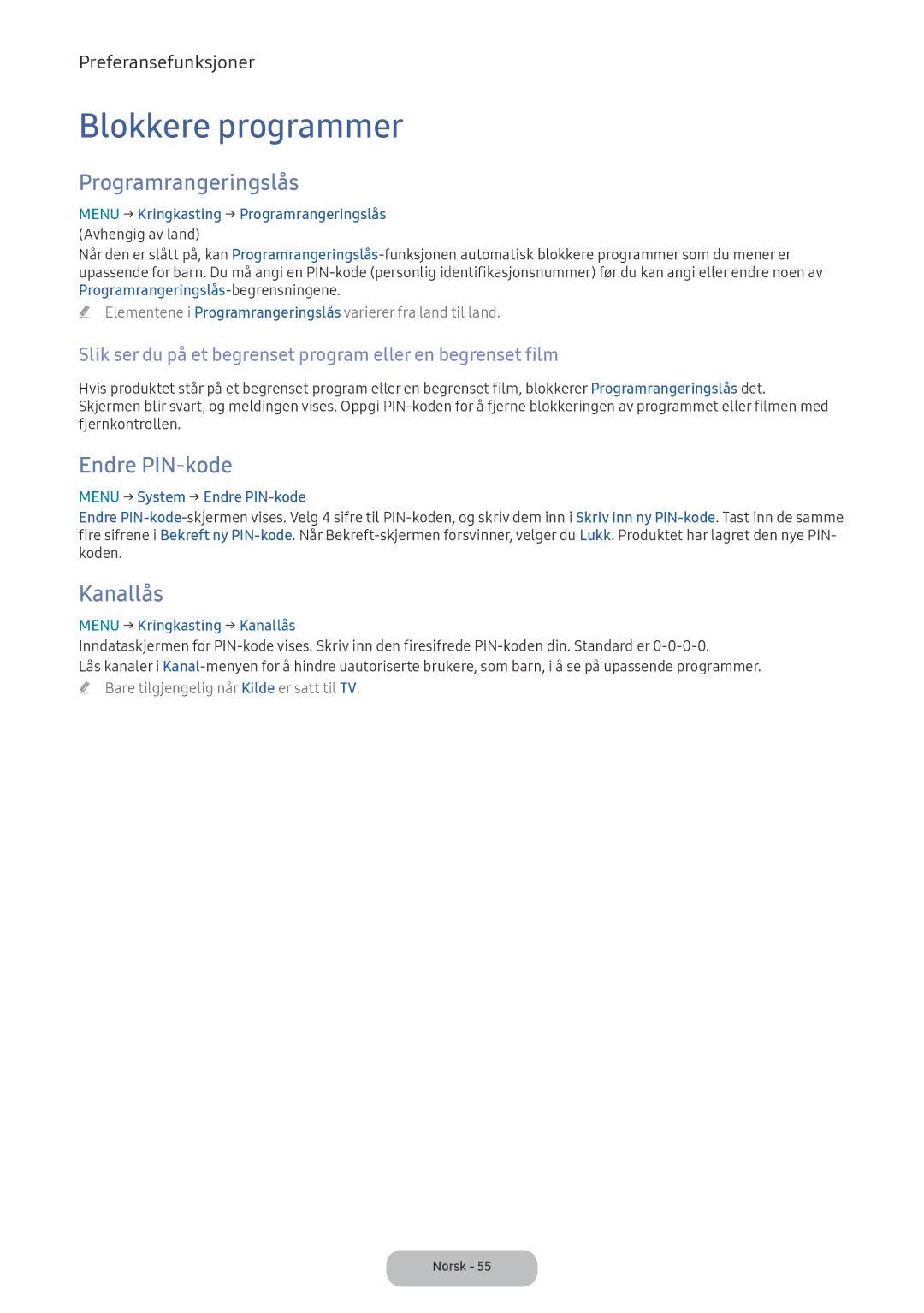 Samsung LV32F390FEXXXE manual Blokkere programmer, Programrangeringslås, Endre PIN-kode, Kanallås 
