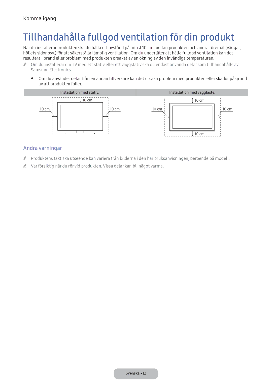 Samsung LV32F390FEXXXE manual Tillhandahålla fullgod ventilation för din produkt, Andra varningar 