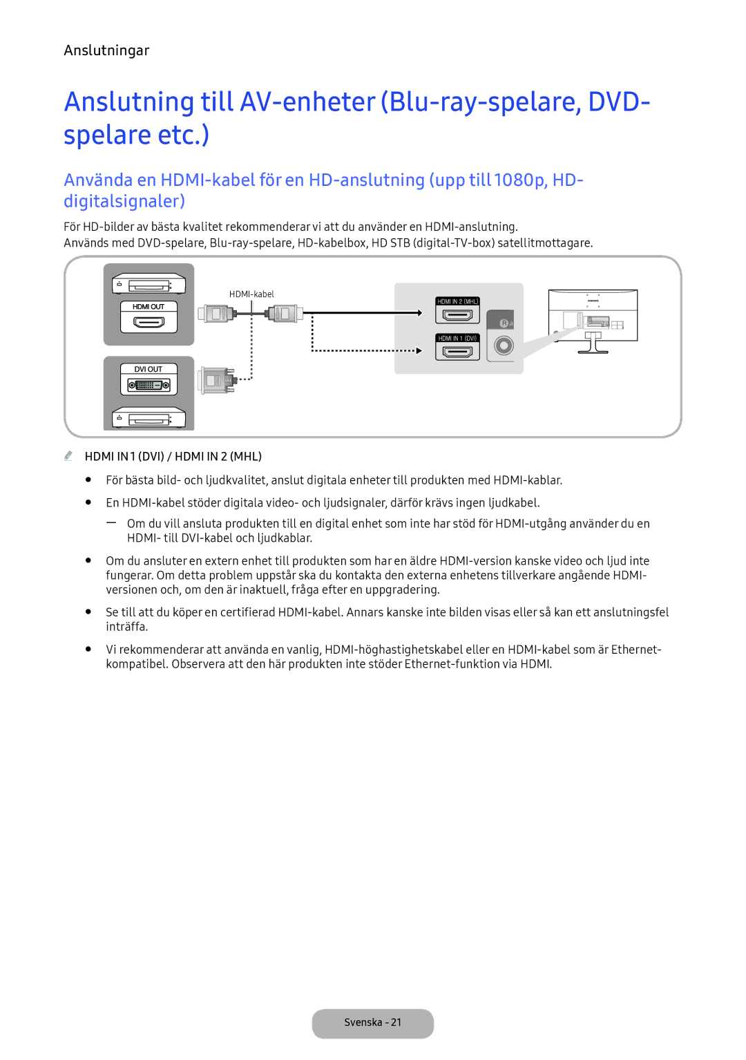 Samsung LV32F390FEXXXE manual HDMI- till DVI-kabel och ljudkablar, Inträffa 