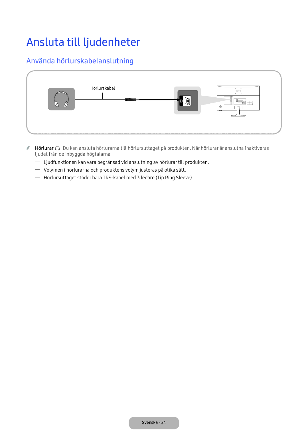 Samsung LV32F390FEXXXE manual Ansluta till ljudenheter, Använda hörlurskabelanslutning 