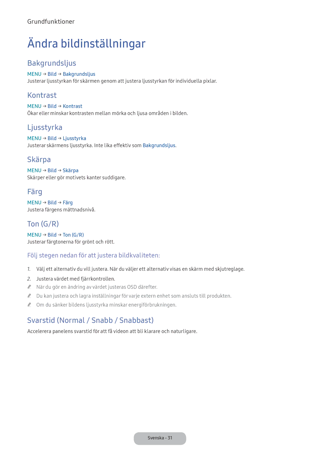 Samsung LV32F390FEXXXE manual Ändra bildinställningar 
