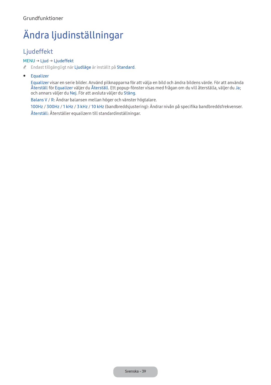 Samsung LV32F390FEXXXE manual Ändra ljudinställningar, Menu → Ljud → Ljudeffekt, Equalizer 