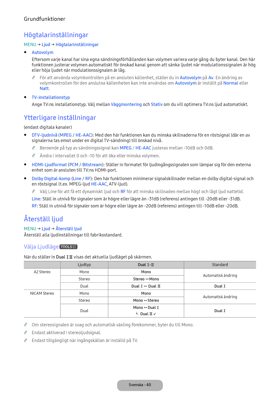 Samsung LV32F390FEXXXE manual Högtalarinställningar, Ytterligare inställningar, Återställ ljud, Välja Ljudläget 