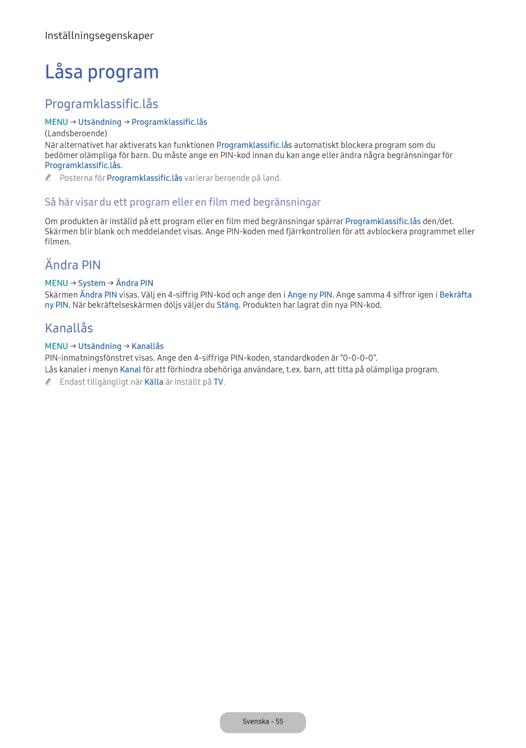 Samsung LV32F390FEXXXE manual Låsa program, Programklassific.lås, Ändra PIN, Kanallås 