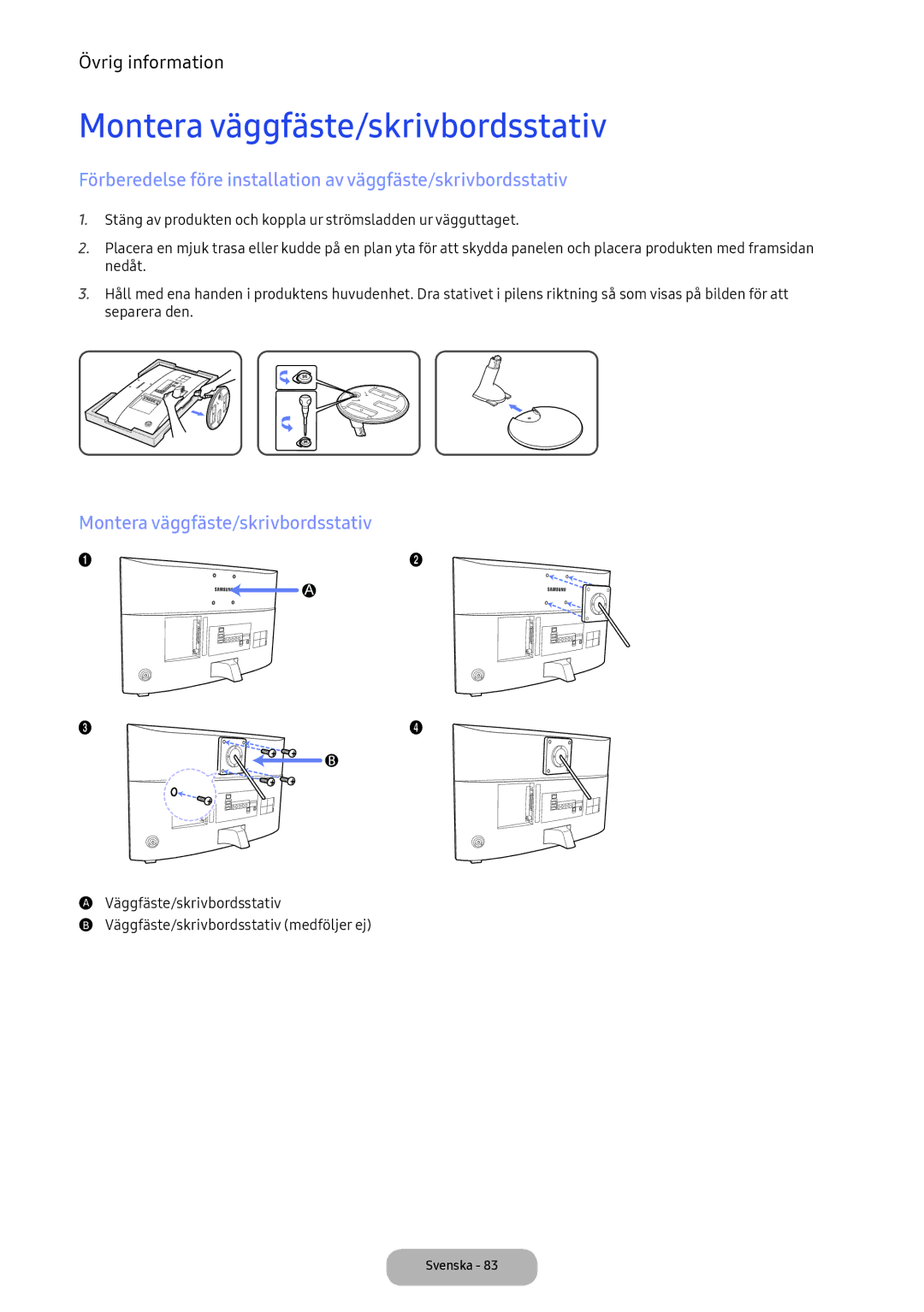 Samsung LV32F390FEXXXE manual Montera väggfäste/skrivbordsstativ 