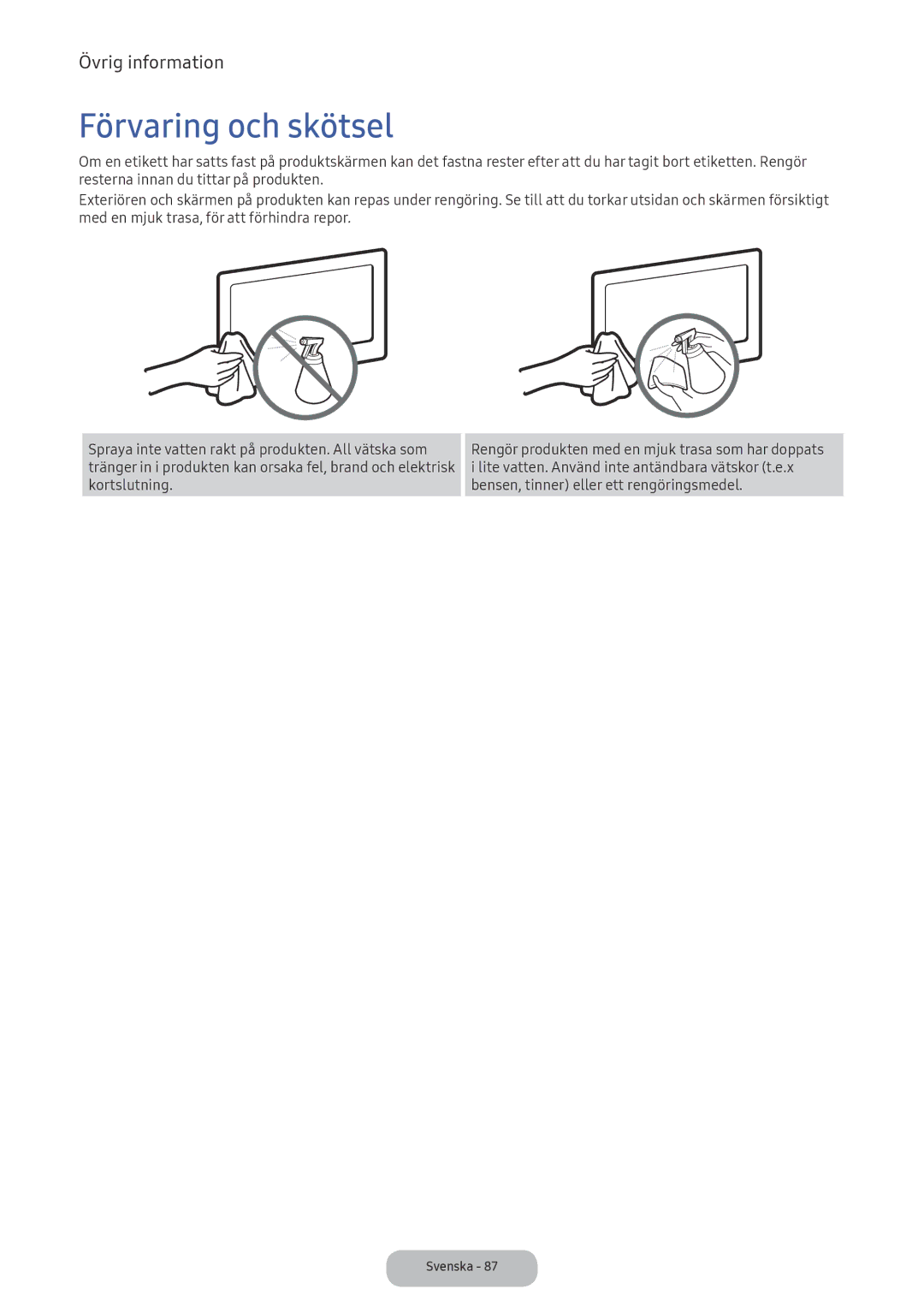 Samsung LV32F390FEXXXE manual Förvaring och skötsel 