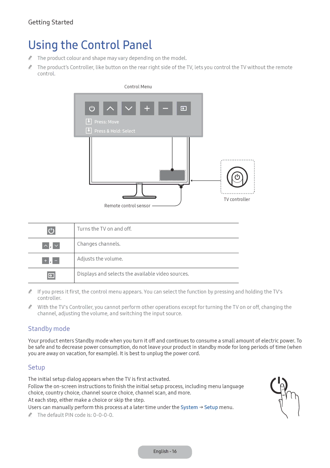 Samsung LV32F390FIXXRU manual Using the Control Panel, Standby mode, Setup 