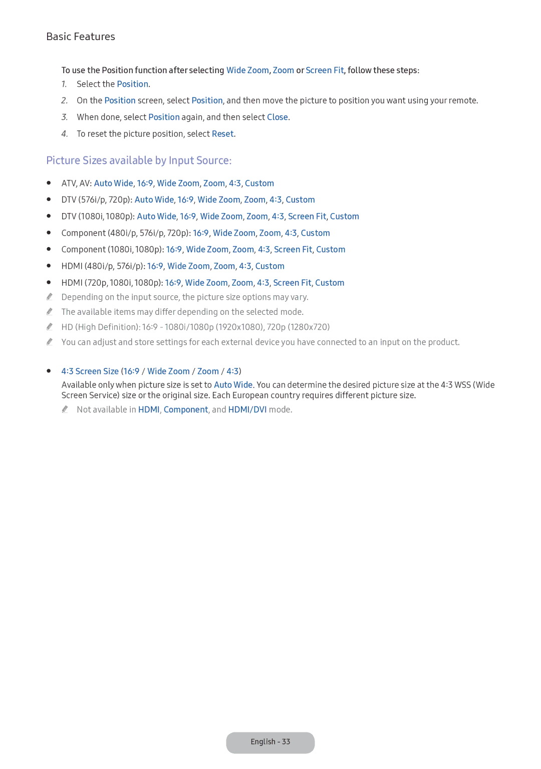 Samsung LV32F390FIXXRU manual Picture Sizes available by Input Source, Screen Size 169 / Wide Zoom / Zoom 