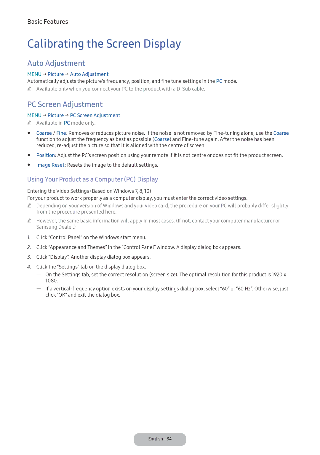 Samsung LV32F390FIXXRU manual Calibrating the Screen Display, Auto Adjustment, PC Screen Adjustment 