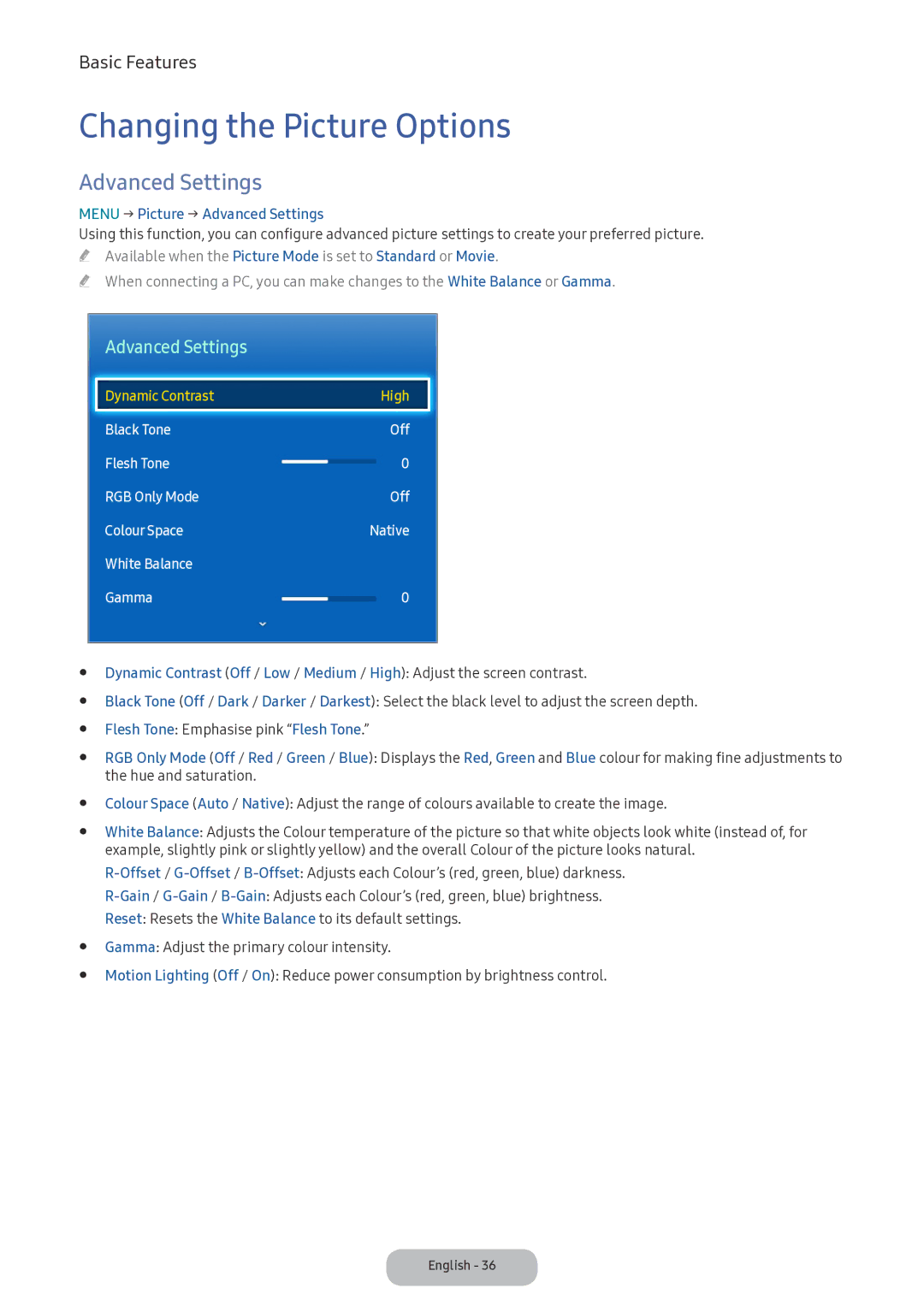 Samsung LV32F390FIXXRU manual Changing the Picture Options, Menu → Picture → Advanced Settings 