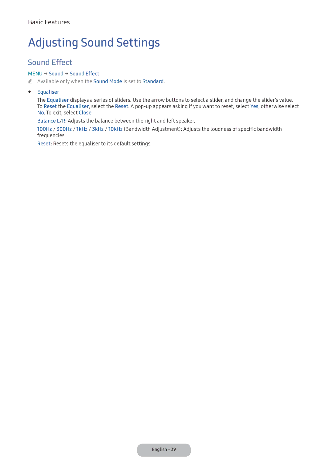Samsung LV32F390FIXXRU manual Adjusting Sound Settings, Menu → Sound → Sound Effect, Equaliser 