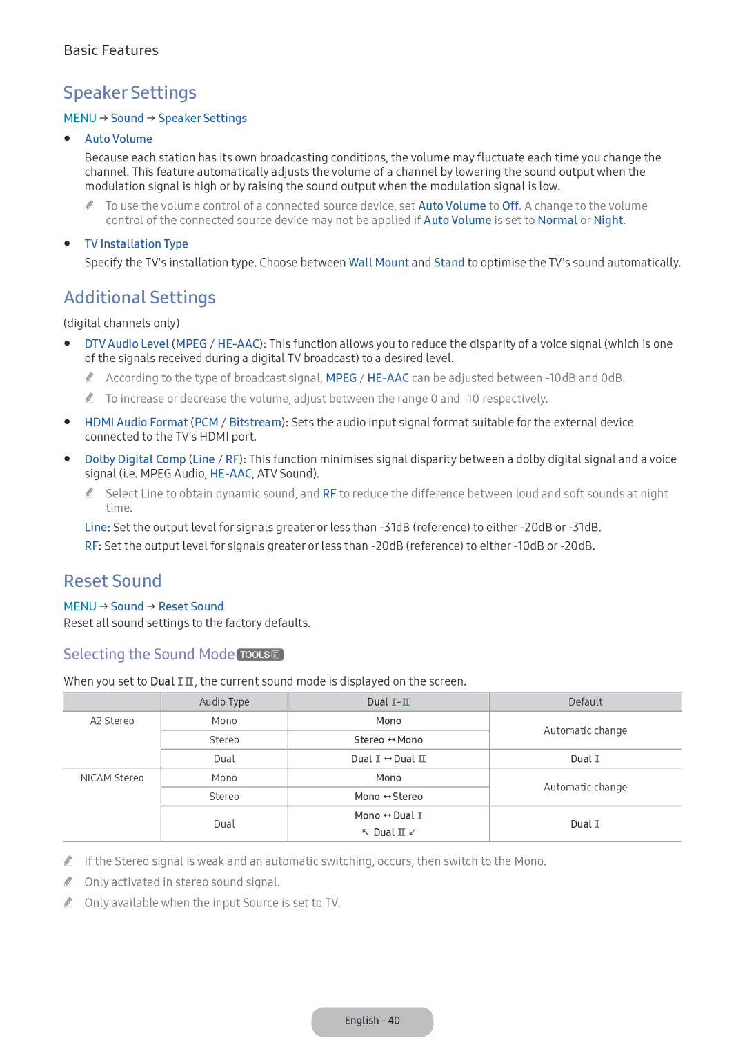 Samsung LV32F390FIXXRU manual Speaker Settings, Additional Settings, Reset Sound, Selecting the Sound Modet 