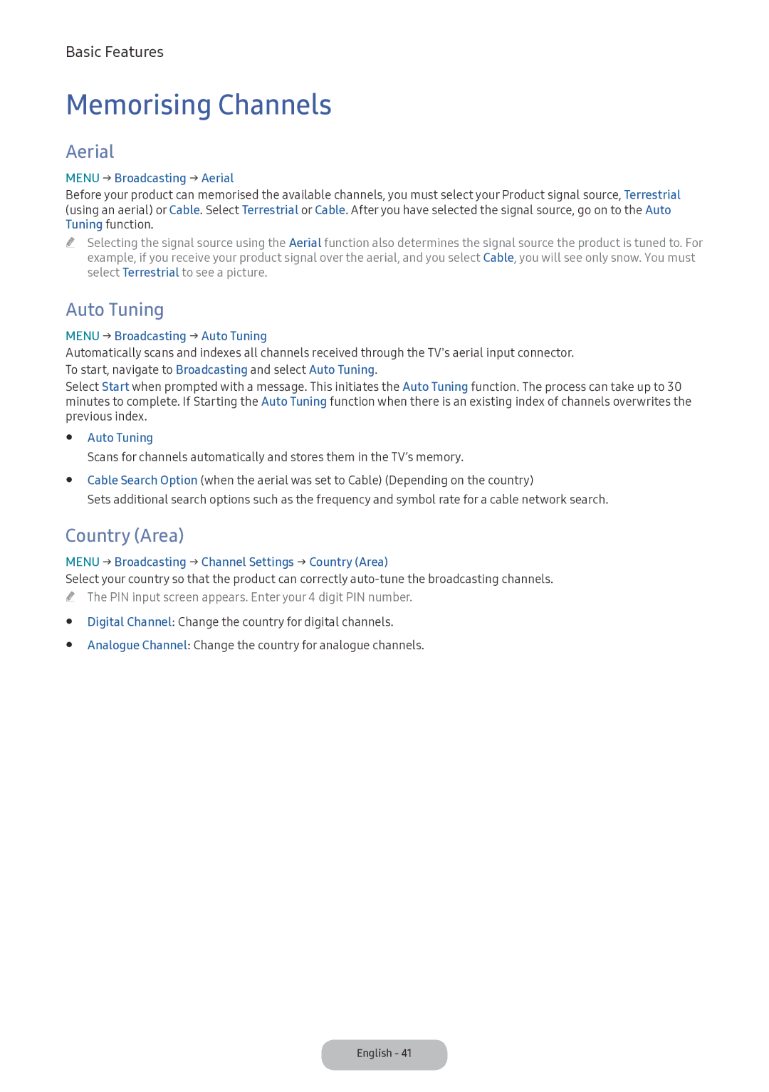 Samsung LV32F390FIXXRU manual Memorising Channels, Aerial, Auto Tuning, Country Area 