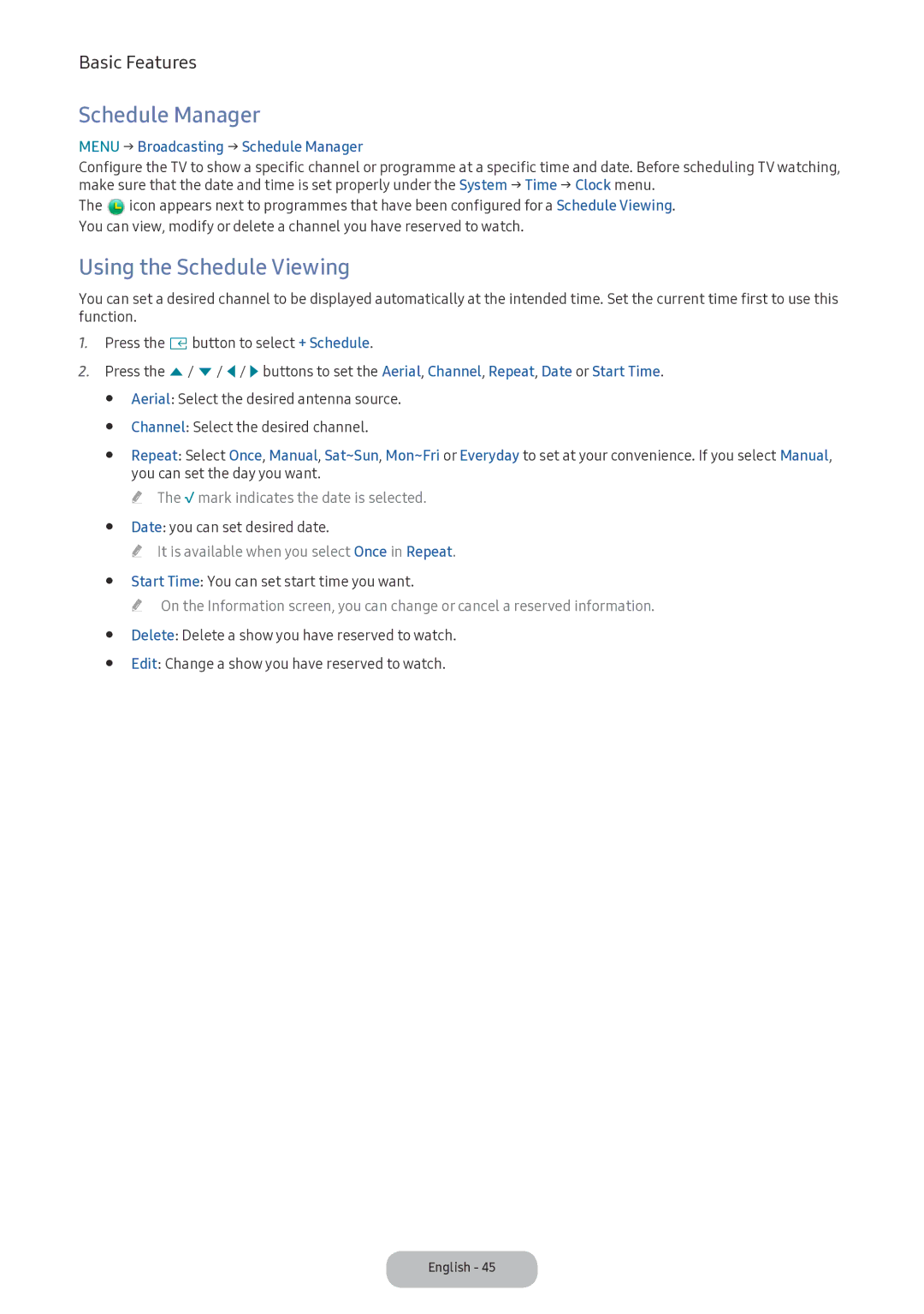 Samsung LV32F390FIXXRU manual Using the Schedule Viewing, Menu → Broadcasting → Schedule Manager 