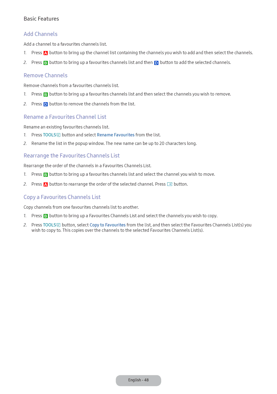 Samsung LV32F390FIXXRU Add Channels, Remove Channels, Rename a Favourites Channel List, Copy a Favourites Channels List 