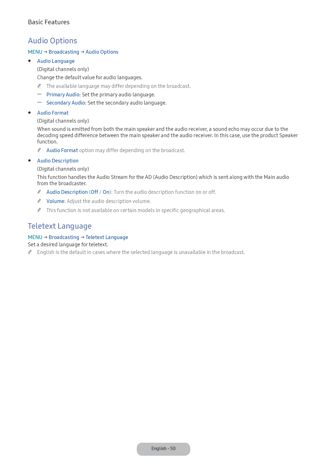 Samsung LV32F390FIXXRU manual Audio Options, Teletext Language 
