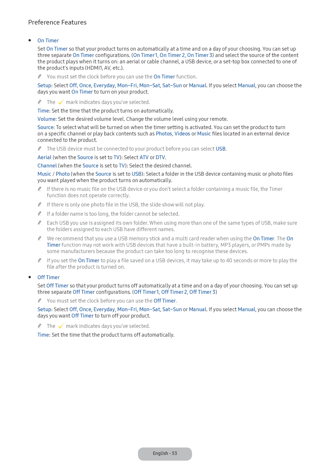 Samsung LV32F390FIXXRU manual On Timer, Cmark indicates days you’ve selected, Off Timer 