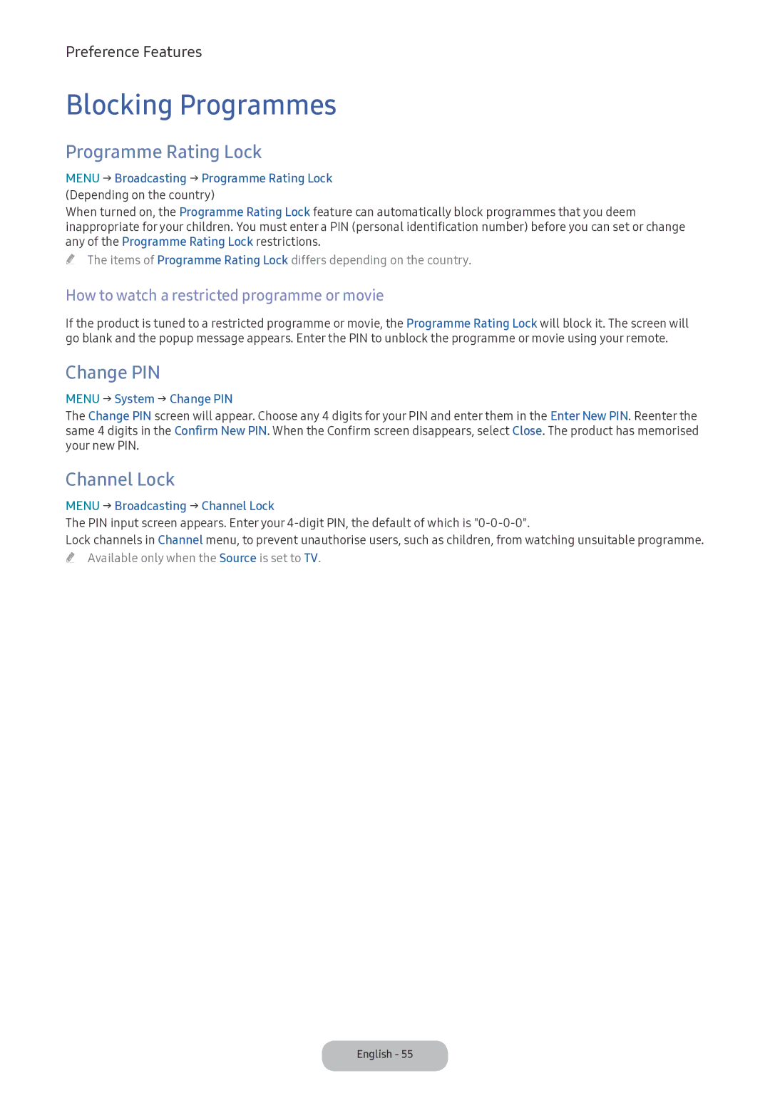 Samsung LV32F390FIXXRU manual Blocking Programmes, Programme Rating Lock, Change PIN, Channel Lock 