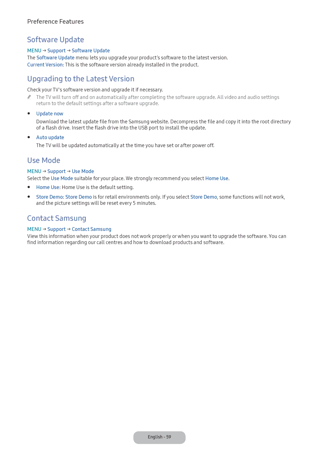 Samsung LV32F390FIXXRU manual Software Update, Upgrading to the Latest Version, Use Mode, Contact Samsung 