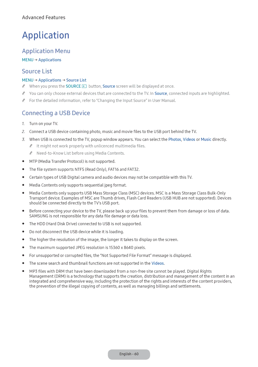 Samsung LV32F390FIXXRU manual Application Menu, Source List, Connecting a USB Device 